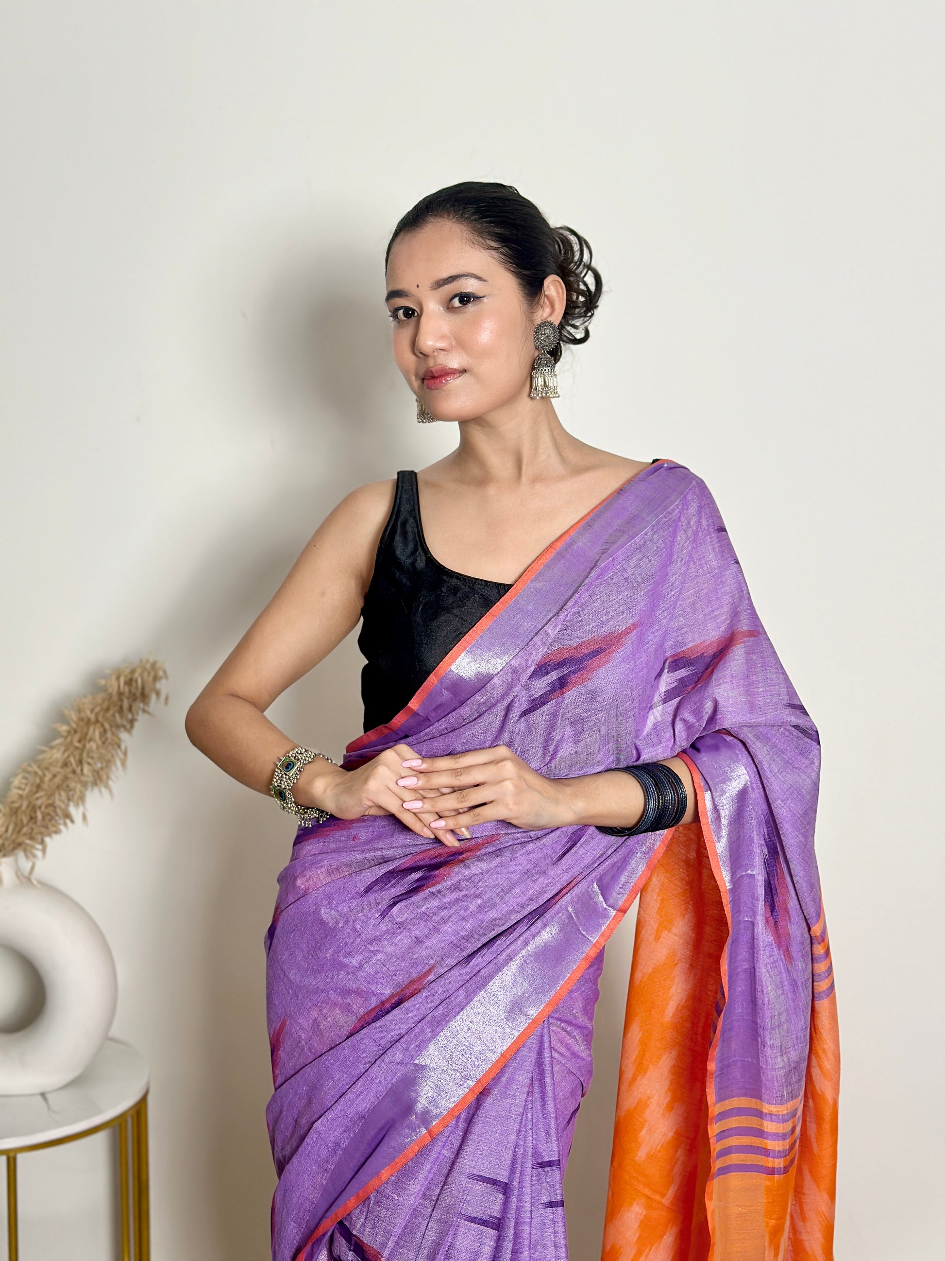 Lavender and Orange Ikat Natural Dyed - HandCrafted - Soft Linen Saree