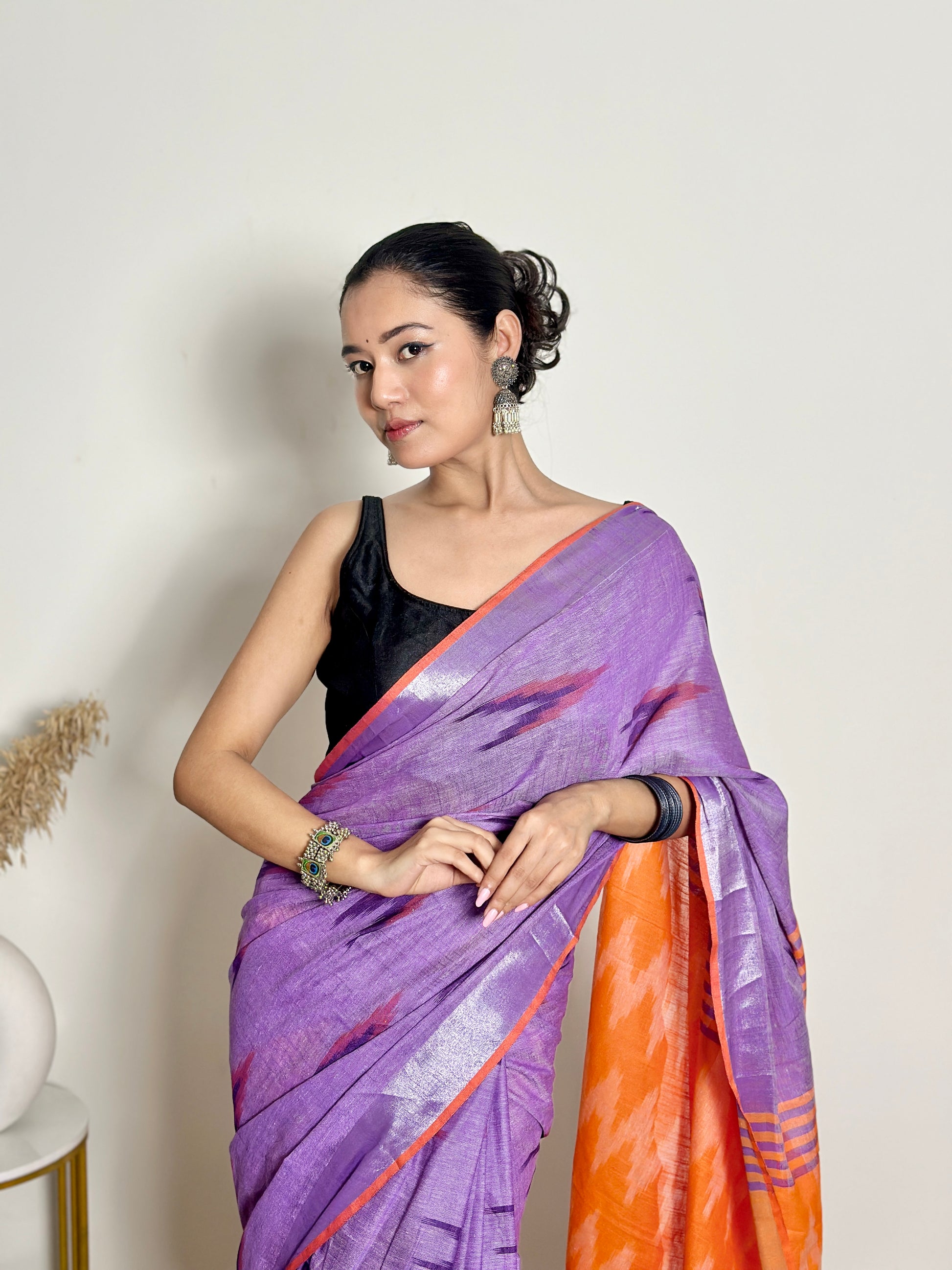 Lavender and Orange Ikat Natural Dyed - HandCrafted - Soft Linen Saree