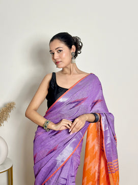 Lavender and Orange Ikat Natural Dyed - HandCrafted - Soft Linen Saree