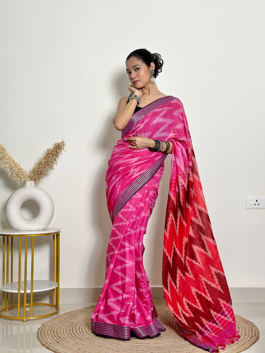 Gulabi Ikat Natural Dyed - HandCrafted - Soft Linen Saree