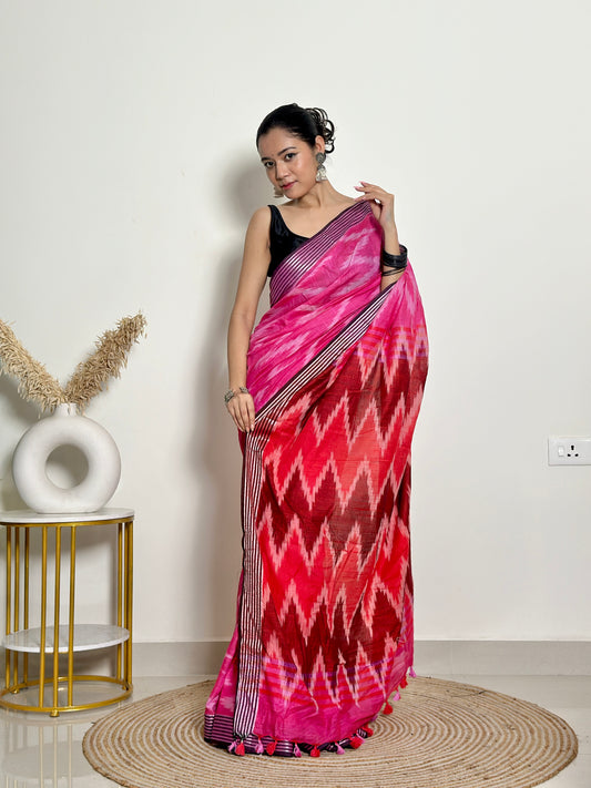 Gulabi Ikat Natural Dyed - HandCrafted - Soft Linen Saree