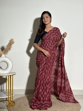 Mocha Coffee- Handblock Print Natural Dyed - Mulmul Cotton Saree