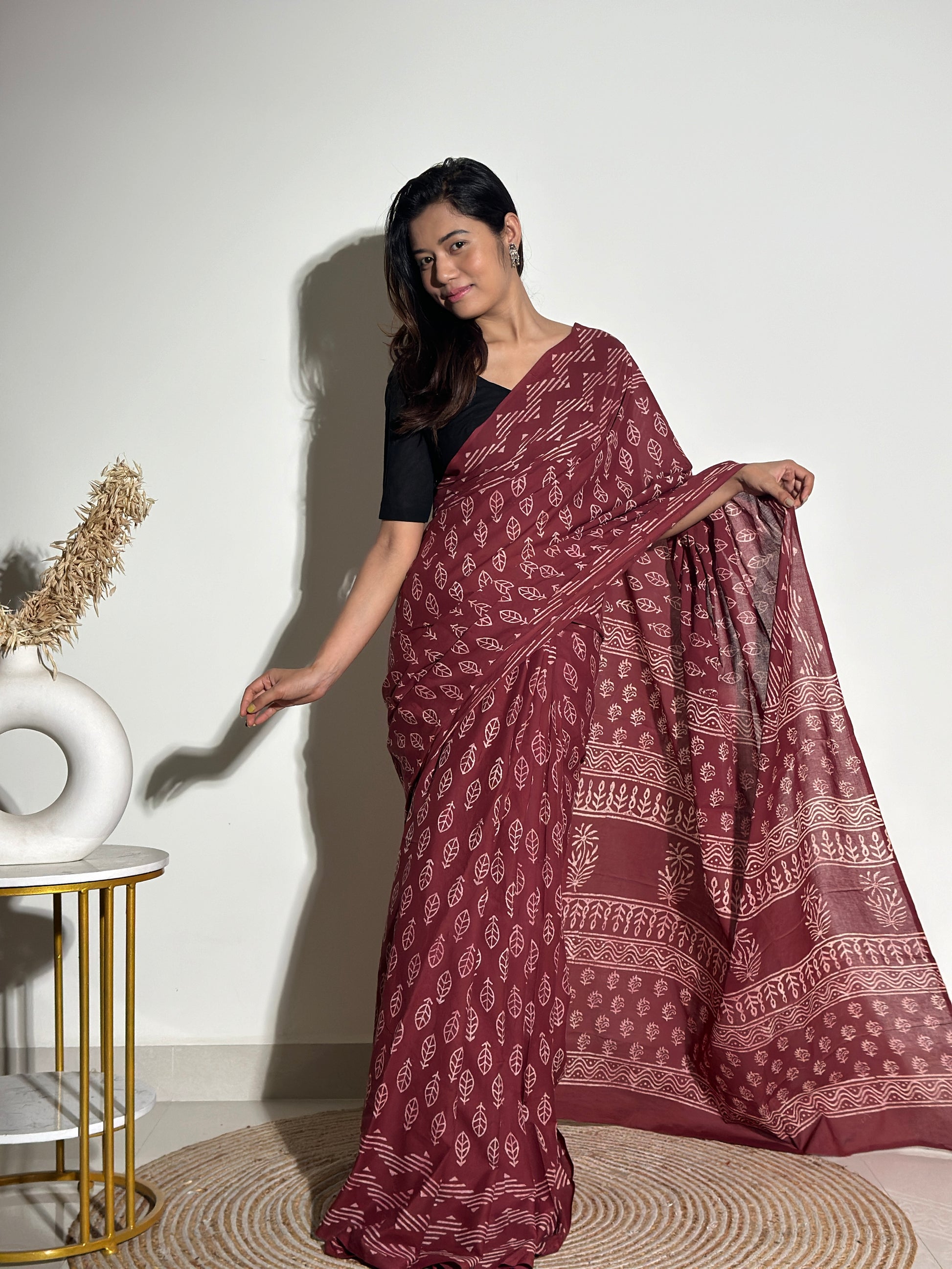 Mocha Coffee- Handblock Print Natural Dyed - Mulmul Cotton Saree