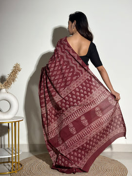 Mocha Coffee- Handblock Print Natural Dyed - Mulmul Cotton Saree