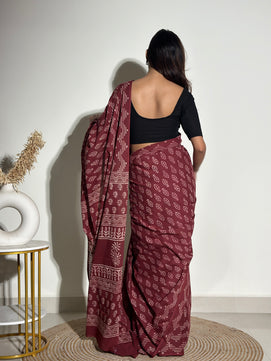 Mocha Coffee- Handblock Print Natural Dyed - Mulmul Cotton Saree