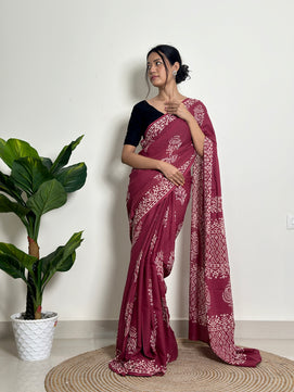 Magenta Mystique - Handblock Print Natural Dyed -  Mulmul Cotton Saree