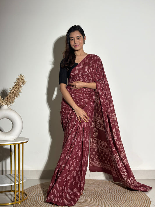 Mocha Coffee- Handblock Print Natural Dyed - Mulmul Cotton Saree