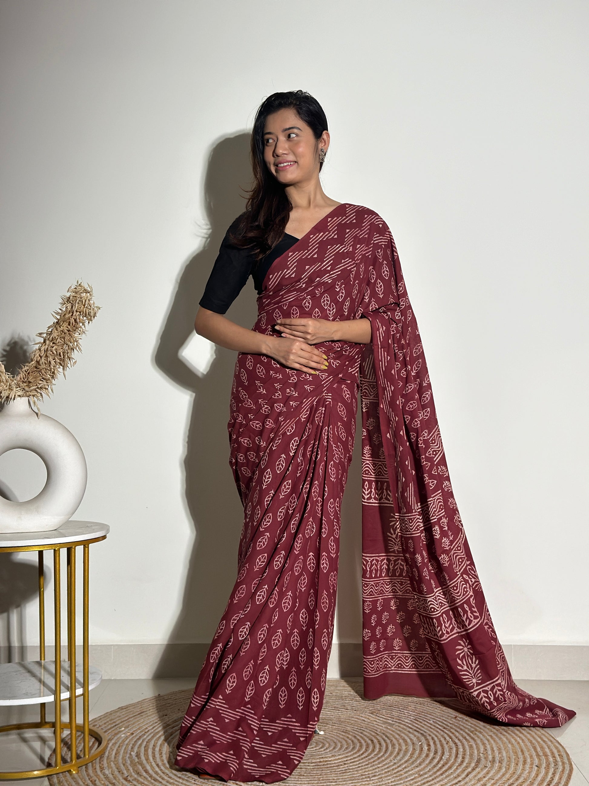 Mocha Coffee- Handblock Print Natural Dyed - Mulmul Cotton Saree