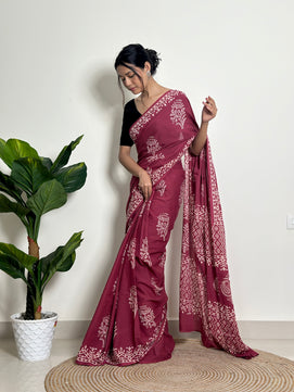 Magenta Mystique - Handblock Print Natural Dyed -  Mulmul Cotton Saree