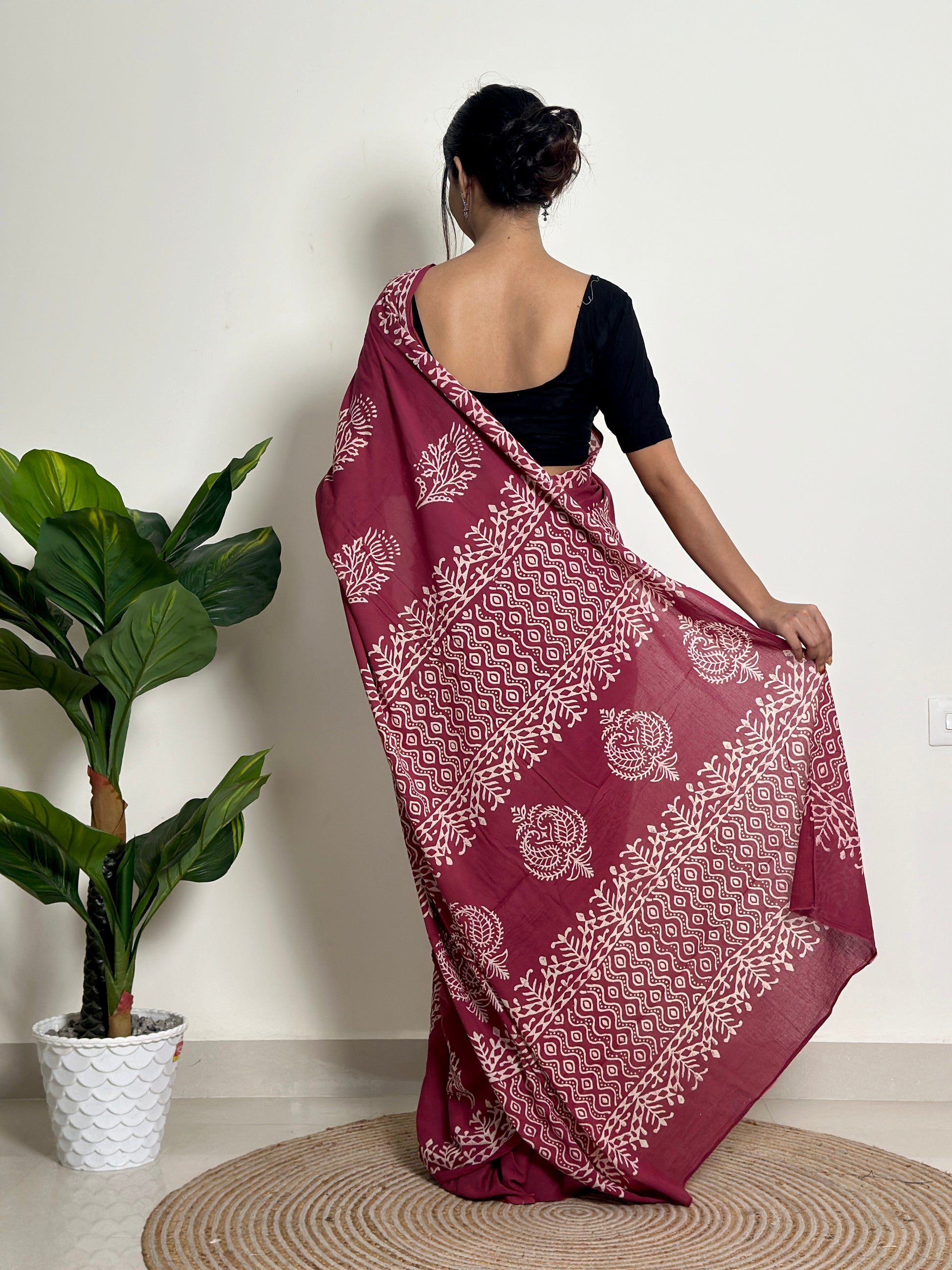 Magenta Mystique - Handblock Print Natural Dyed -  Mulmul Cotton Saree