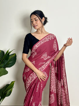 Magenta Mystique - Handblock Print Natural Dyed -  Mulmul Cotton Saree