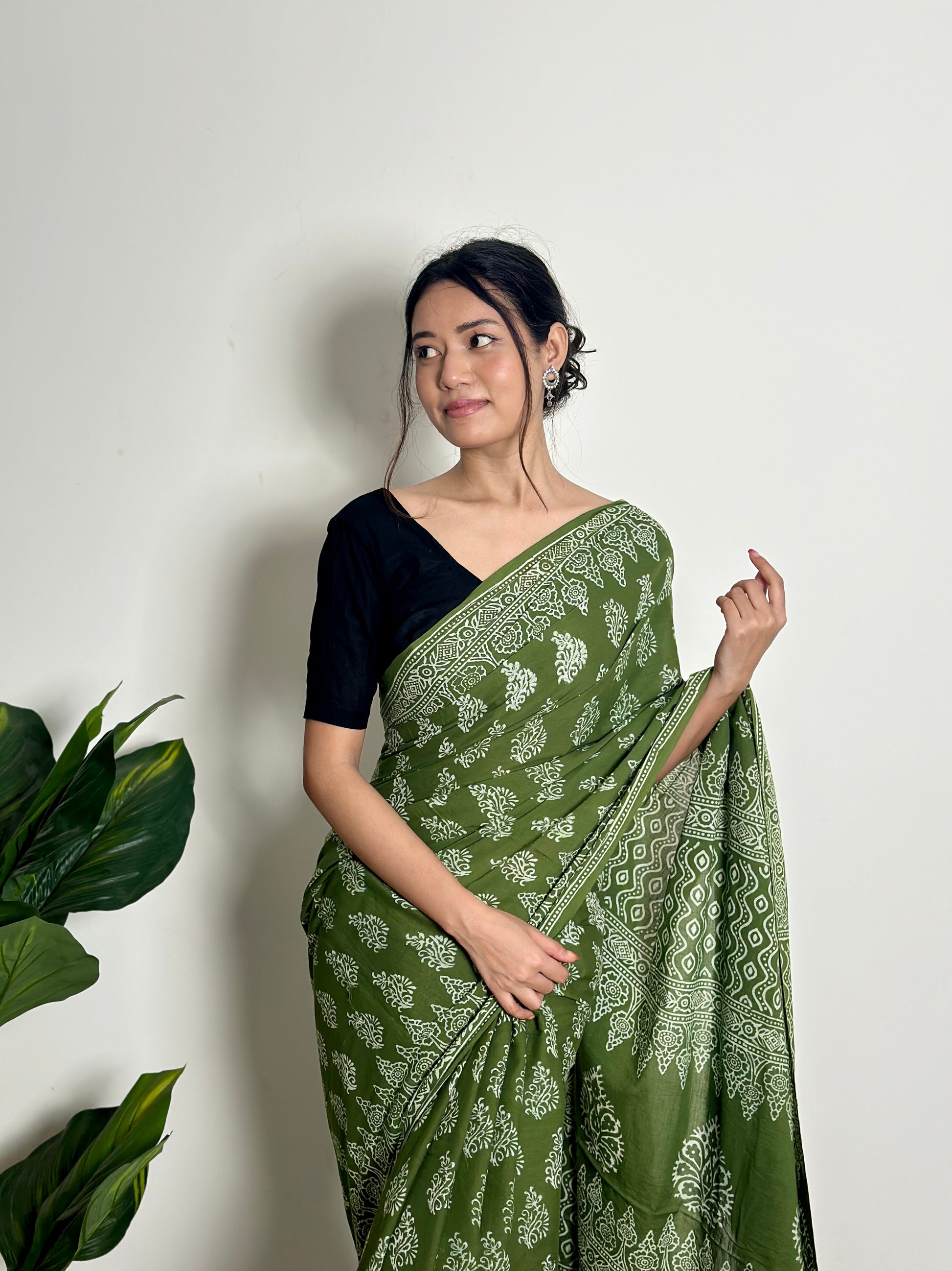 Olive Orchard - Handblock Print Natural Dyed -  Mulmul Cotton Saree