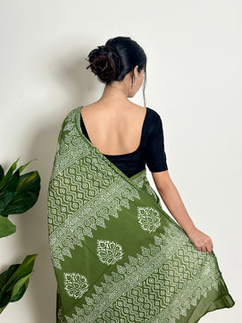 Olive Orchard - Handblock Print Natural Dyed -  Mulmul Cotton Saree