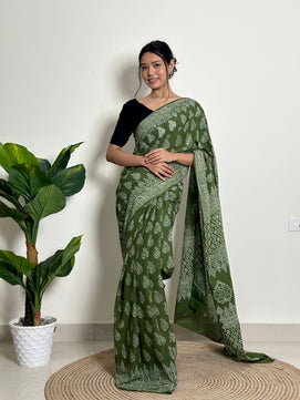 Olive Orchard - Handblock Print Natural Dyed -  Mulmul Cotton Saree