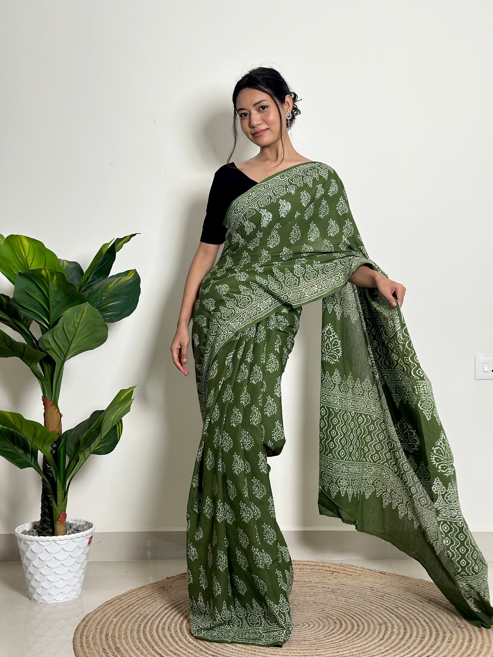 Olive Orchard - Handblock Print Natural Dyed -  Mulmul Cotton Saree