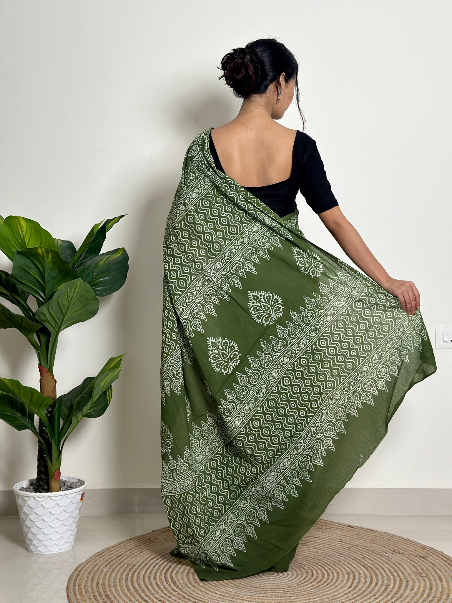 Olive Orchard - Handblock Print Natural Dyed -  Mulmul Cotton Saree