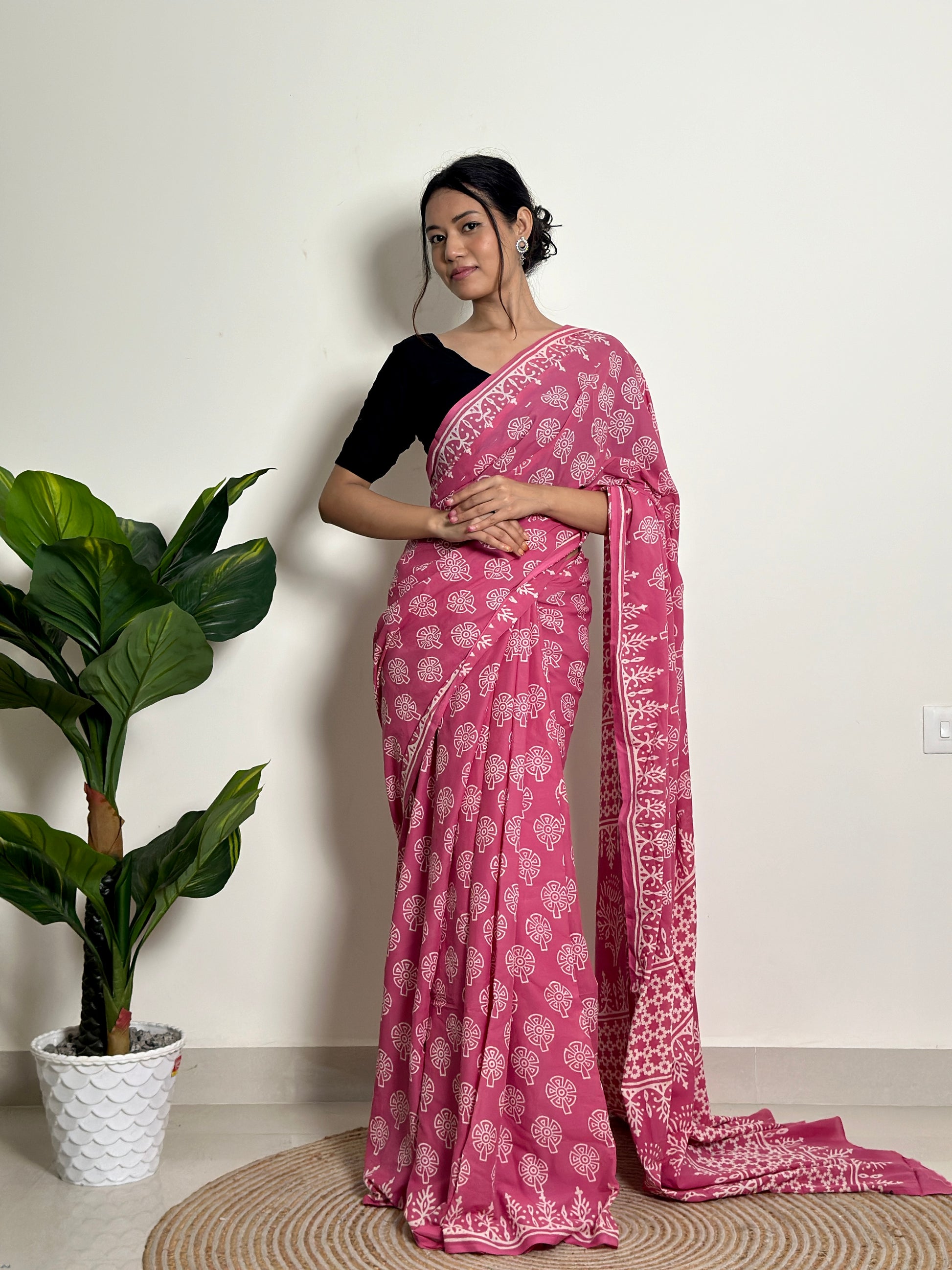 Passionate Pink - Handblock Print Natural Dyed -  Mulmul Cotton Saree