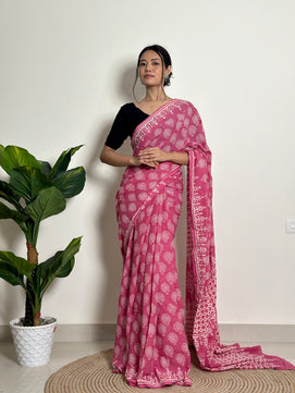 Passionate Pink - Handblock Print Natural Dyed -  Mulmul Cotton Saree