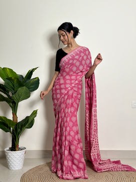 Passionate Pink - Handblock Print Natural Dyed -  Mulmul Cotton Saree