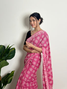 Passionate Pink - Handblock Print Natural Dyed -  Mulmul Cotton Saree