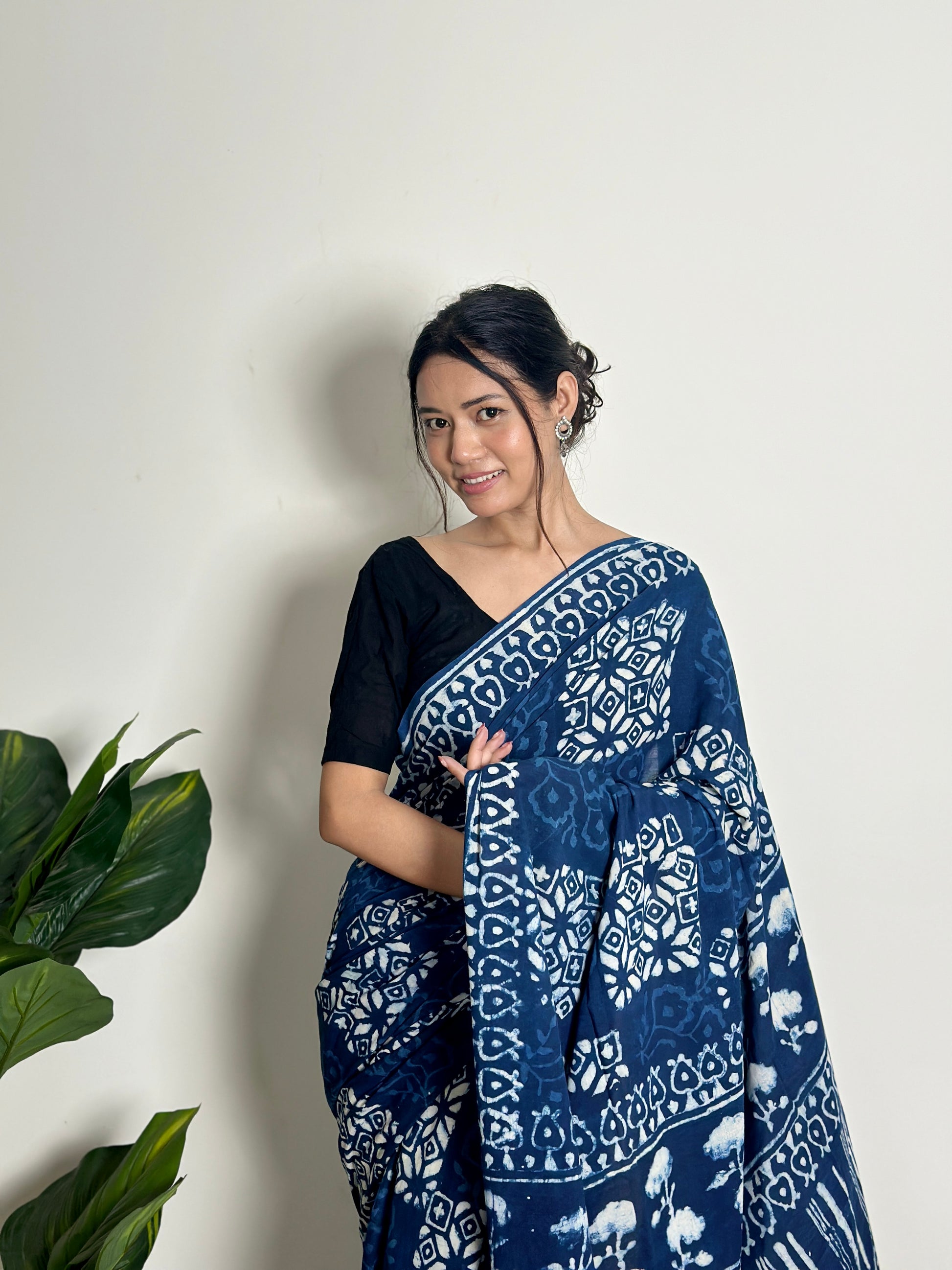 Twilight Breeze - Handblock Print Natural Dyed -  Mulmul Cotton Saree