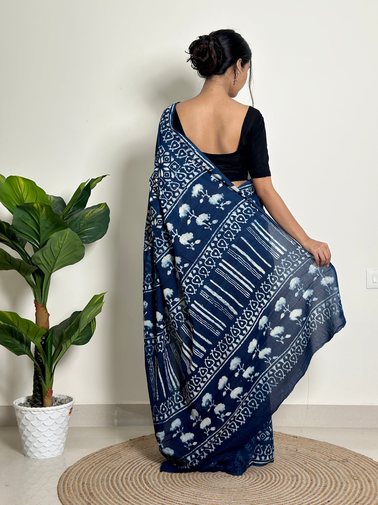 Twilight Breeze - Handblock Print Natural Dyed -  Mulmul Cotton Saree