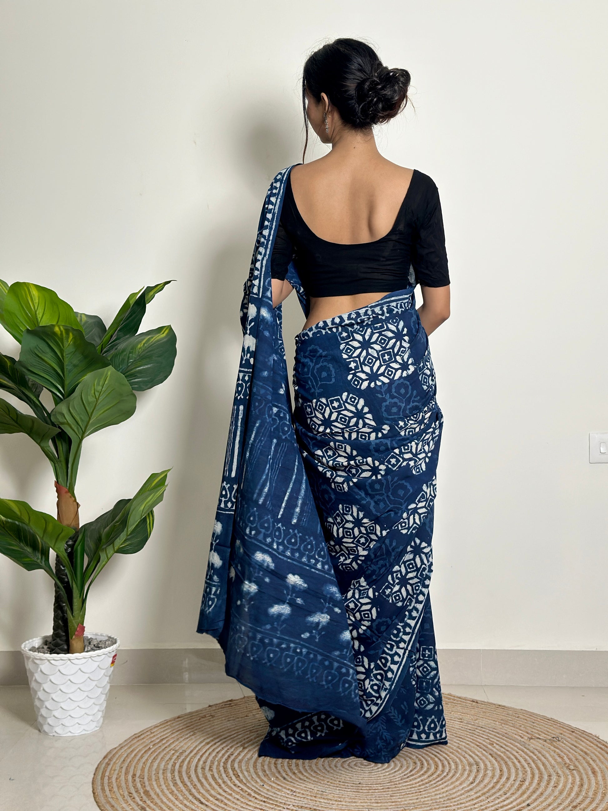 Twilight Breeze - Handblock Print Natural Dyed -  Mulmul Cotton Saree