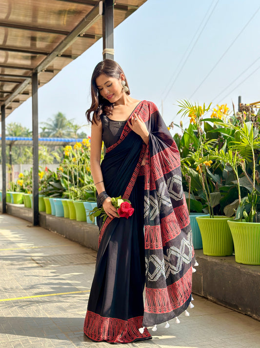 Rusty Black - Handblock Print Natural Dyed - Mulmul Cotton Saree