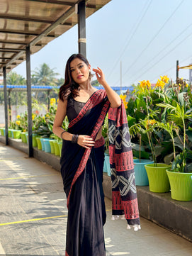 Rusty Black - Handblock Print Natural Dyed - Mulmul Cotton Saree