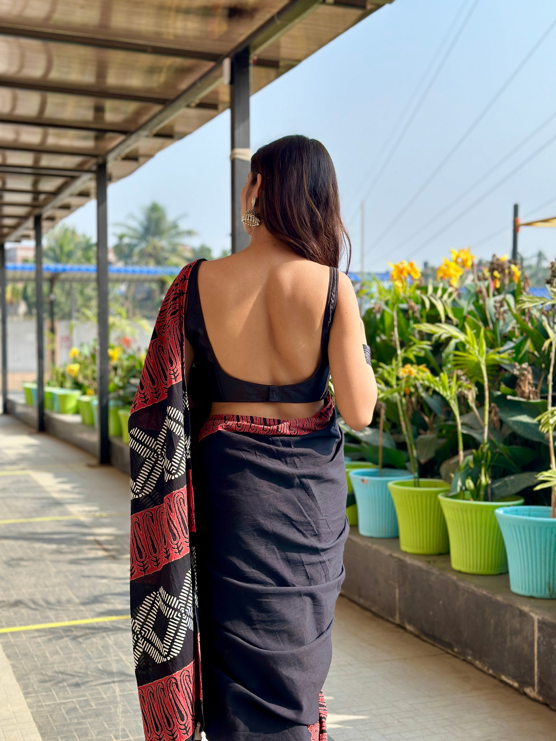 Rusty Black - Handblock Print Natural Dyed - Mulmul Cotton Saree