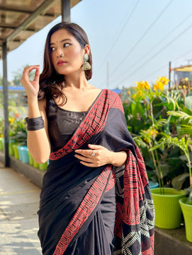 Rusty Black - Handblock Print Natural Dyed - Mulmul Cotton Saree