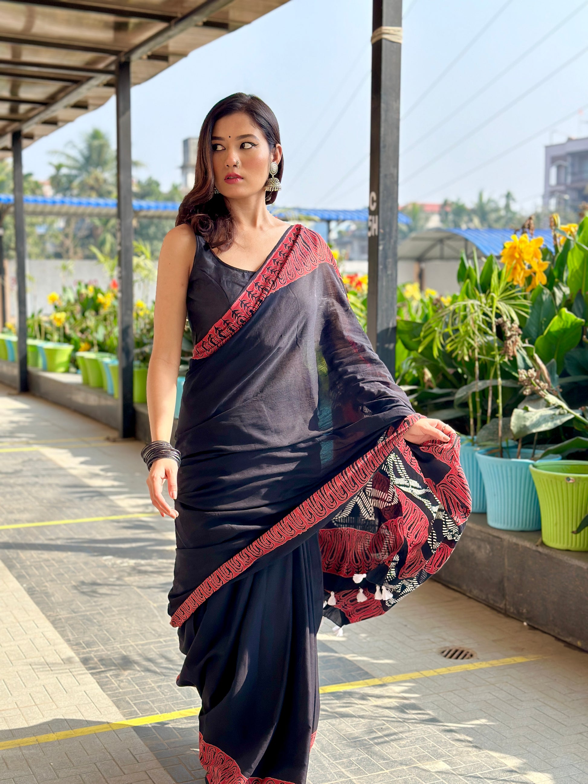 Rusty Black - Handblock Print Natural Dyed - Mulmul Cotton Saree