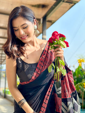 Rusty Black - Handblock Print Natural Dyed - Mulmul Cotton Saree