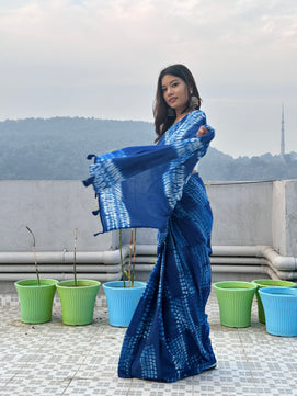 Neer - Tie & Dye Shibori Print Natural Dyed - Navy Blue Mulmul Cotton Saree