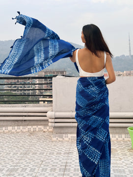 Neer - Tie & Dye Shibori Print Natural Dyed - Navy Blue Mulmul Cotton Saree