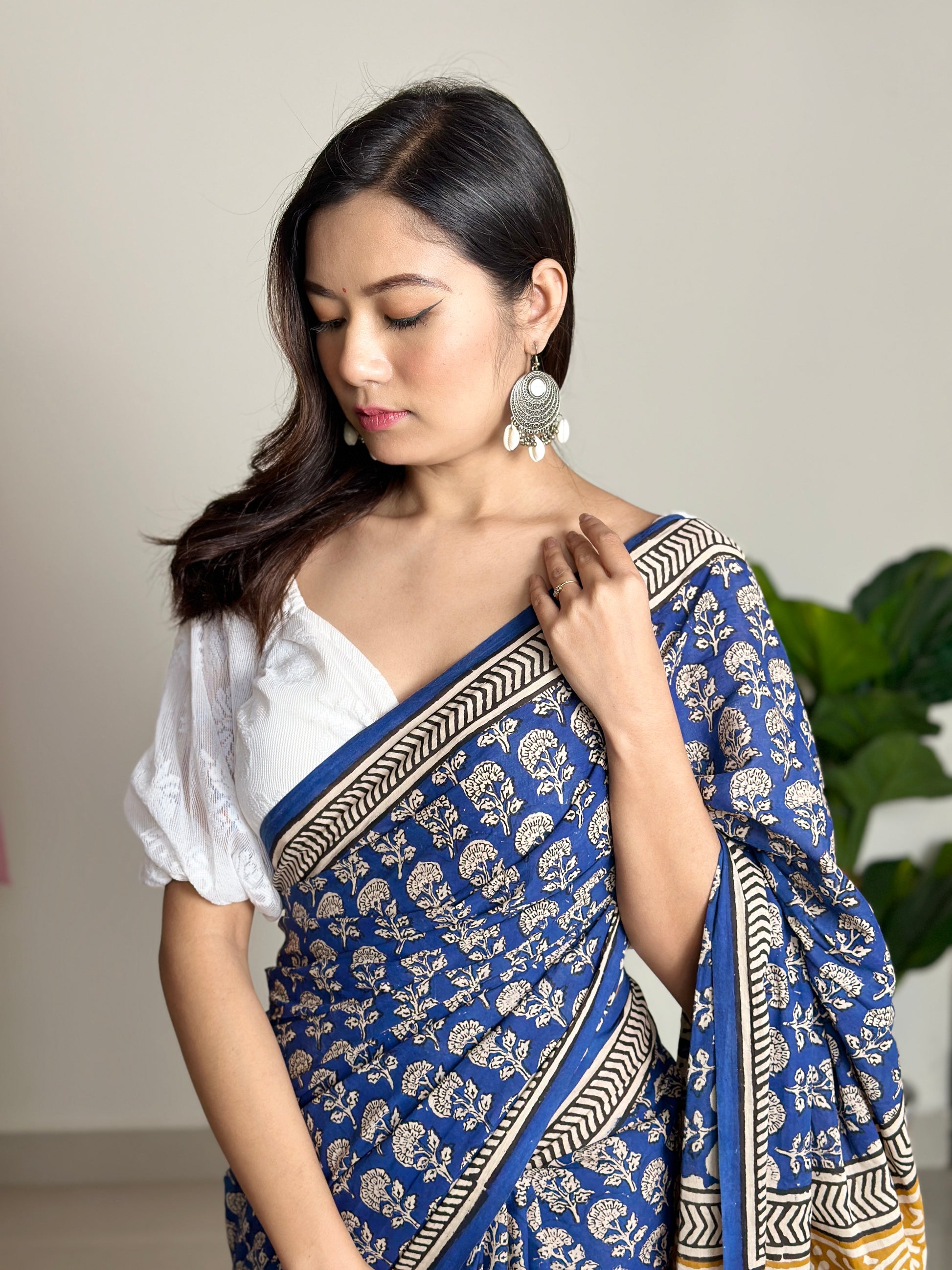 Tales of Blue Earth - Handblock Print Natural Dyed - Mulmul Cotton Saree