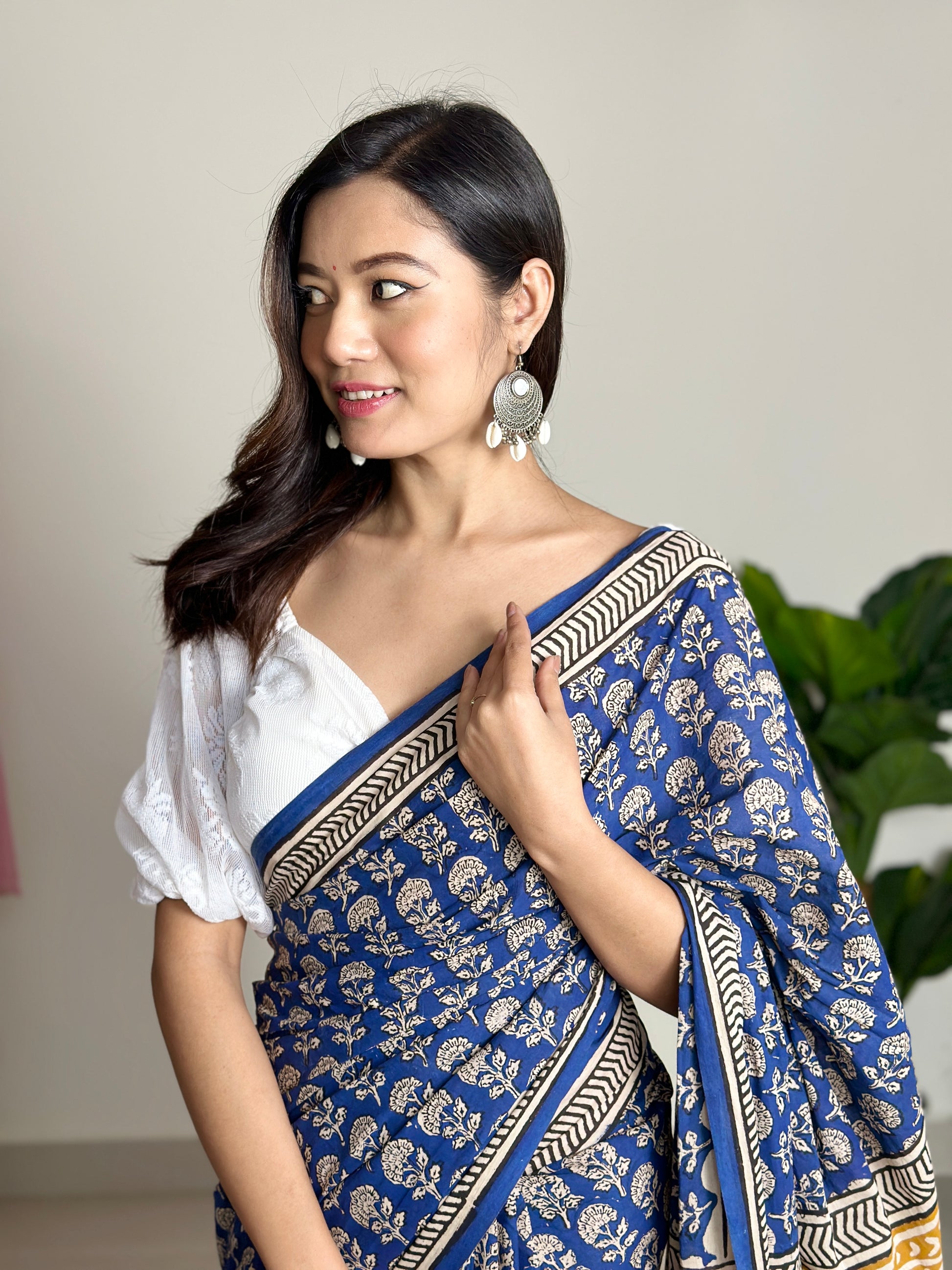 Tales of Blue Earth - Handblock Print Natural Dyed - Mulmul Cotton Saree