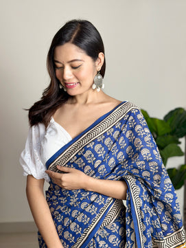 Tales of Blue Earth - Handblock Print Natural Dyed - Mulmul Cotton Saree