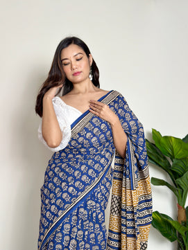 Tales of Blue Earth - Handblock Print Natural Dyed - Mulmul Cotton Saree