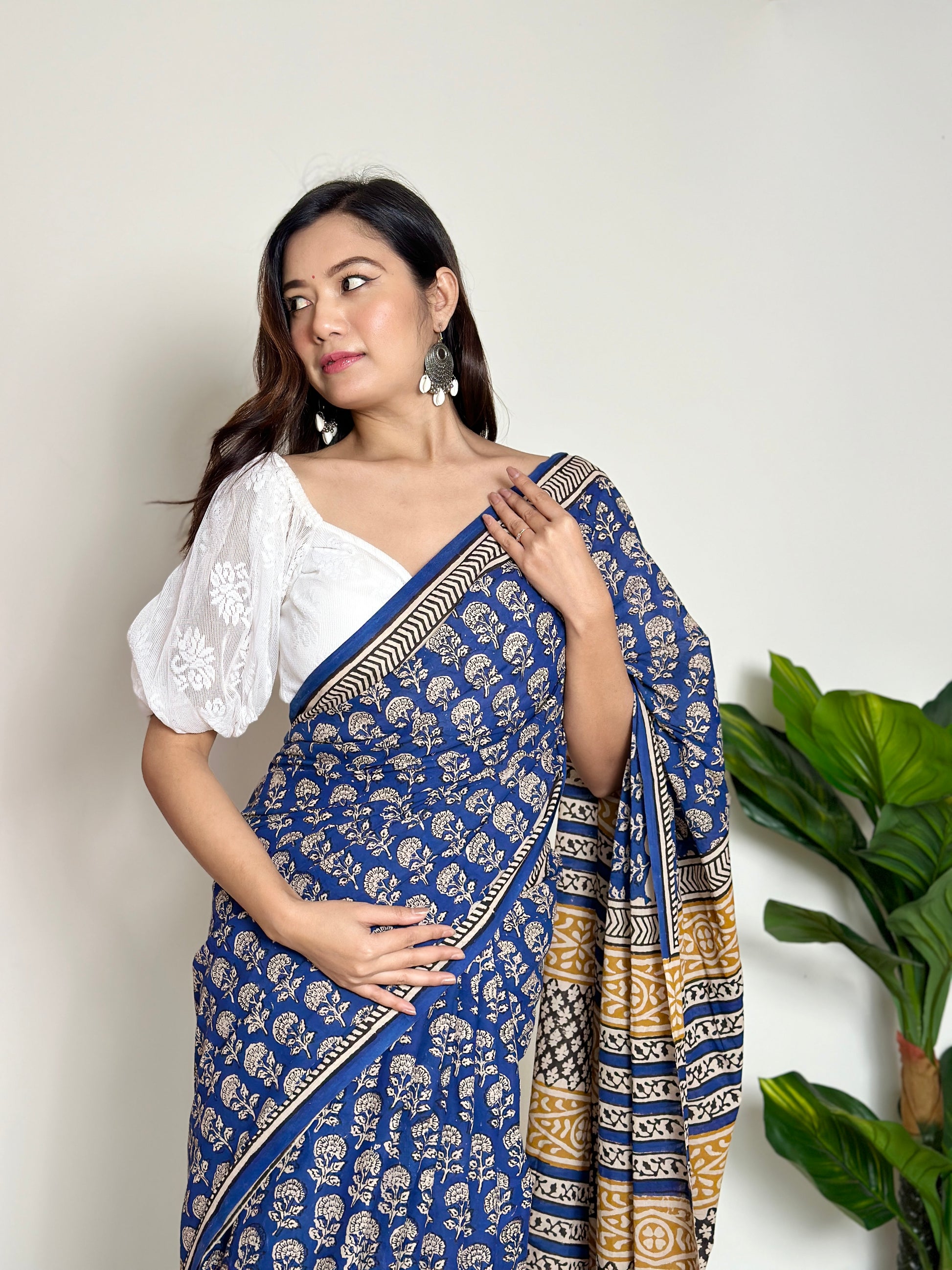 Tales of Blue Earth - Handblock Print Natural Dyed - Mulmul Cotton Saree