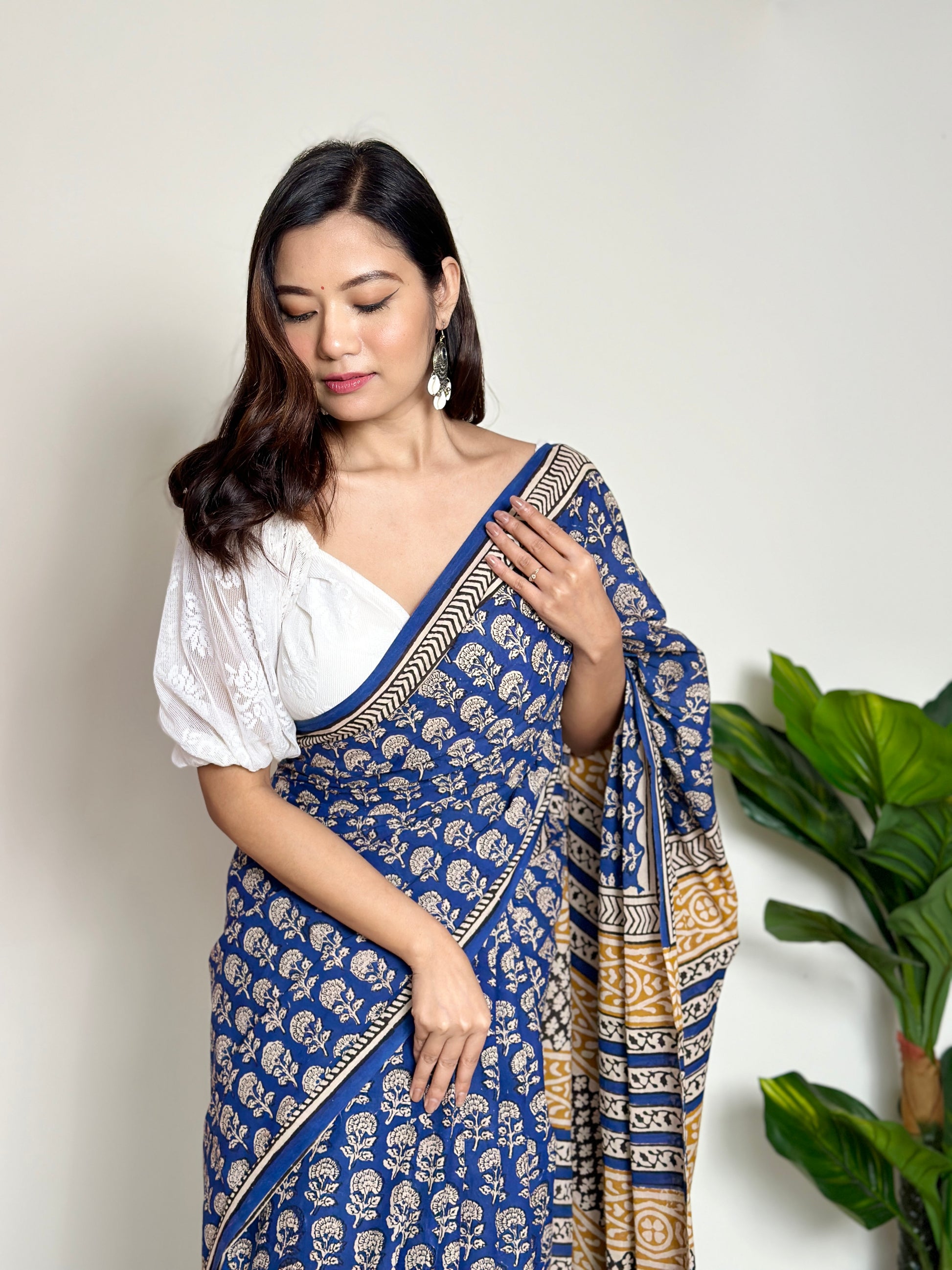 Tales of Blue Earth - Handblock Print Natural Dyed - Mulmul Cotton Saree