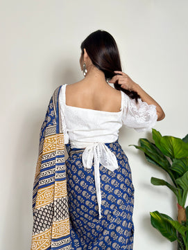 Tales of Blue Earth - Handblock Print Natural Dyed - Mulmul Cotton Saree