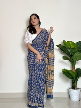 Tales of Blue Earth - Handblock Print Natural Dyed - Mulmul Cotton Saree