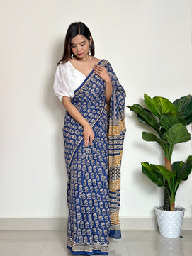 Tales of Blue Earth - Handblock Print Natural Dyed - Mulmul Cotton Saree