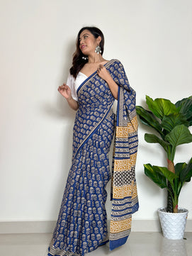 Tales of Blue Earth - Handblock Print Natural Dyed - Mulmul Cotton Saree