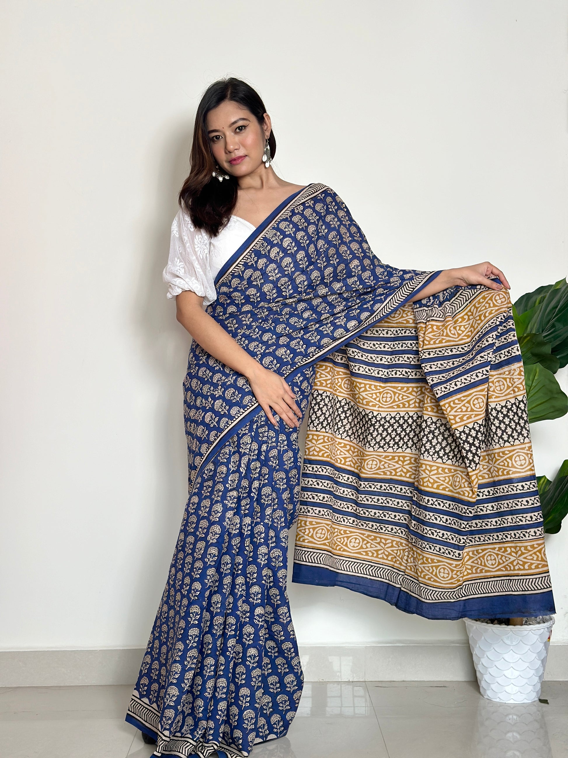 Tales of Blue Earth - Handblock Print Natural Dyed - Mulmul Cotton Saree