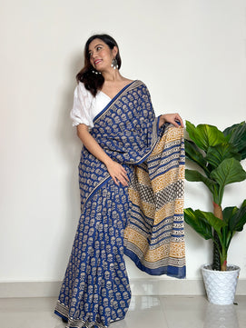 Tales of Blue Earth - Handblock Print Natural Dyed - Mulmul Cotton Saree