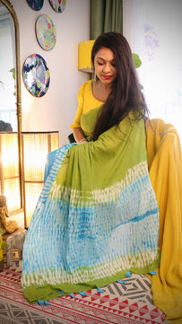 Firozi- Tie & Dye Shibori Print Natural Dyed - Mulmul Cotton Saree