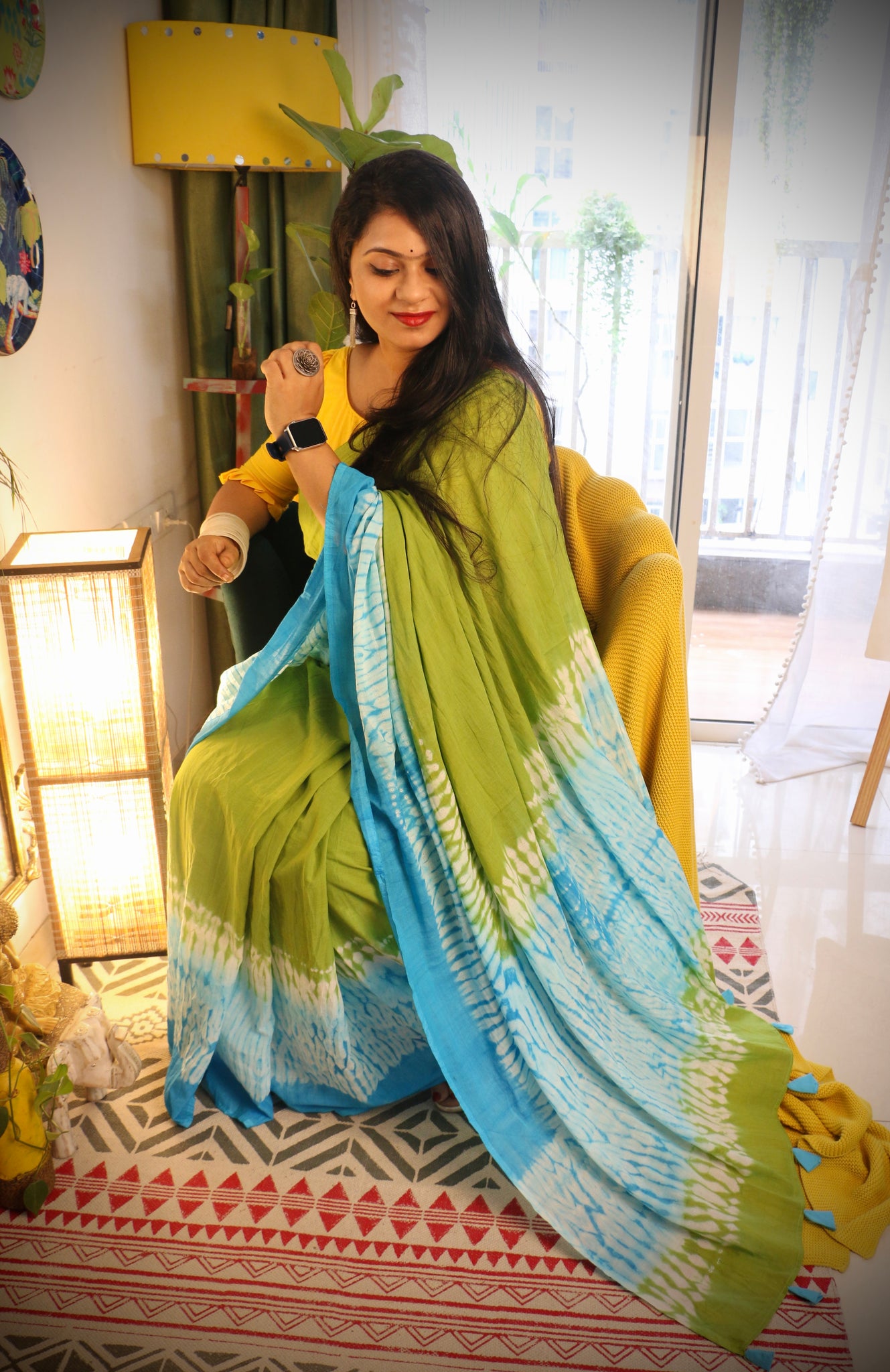Shivanya Handicrafts Women's Plain Weave Cotton Saree with Blouse Piece  (AS061_Multicolour) (Indigo Floral) : Amazon.in: Fashion