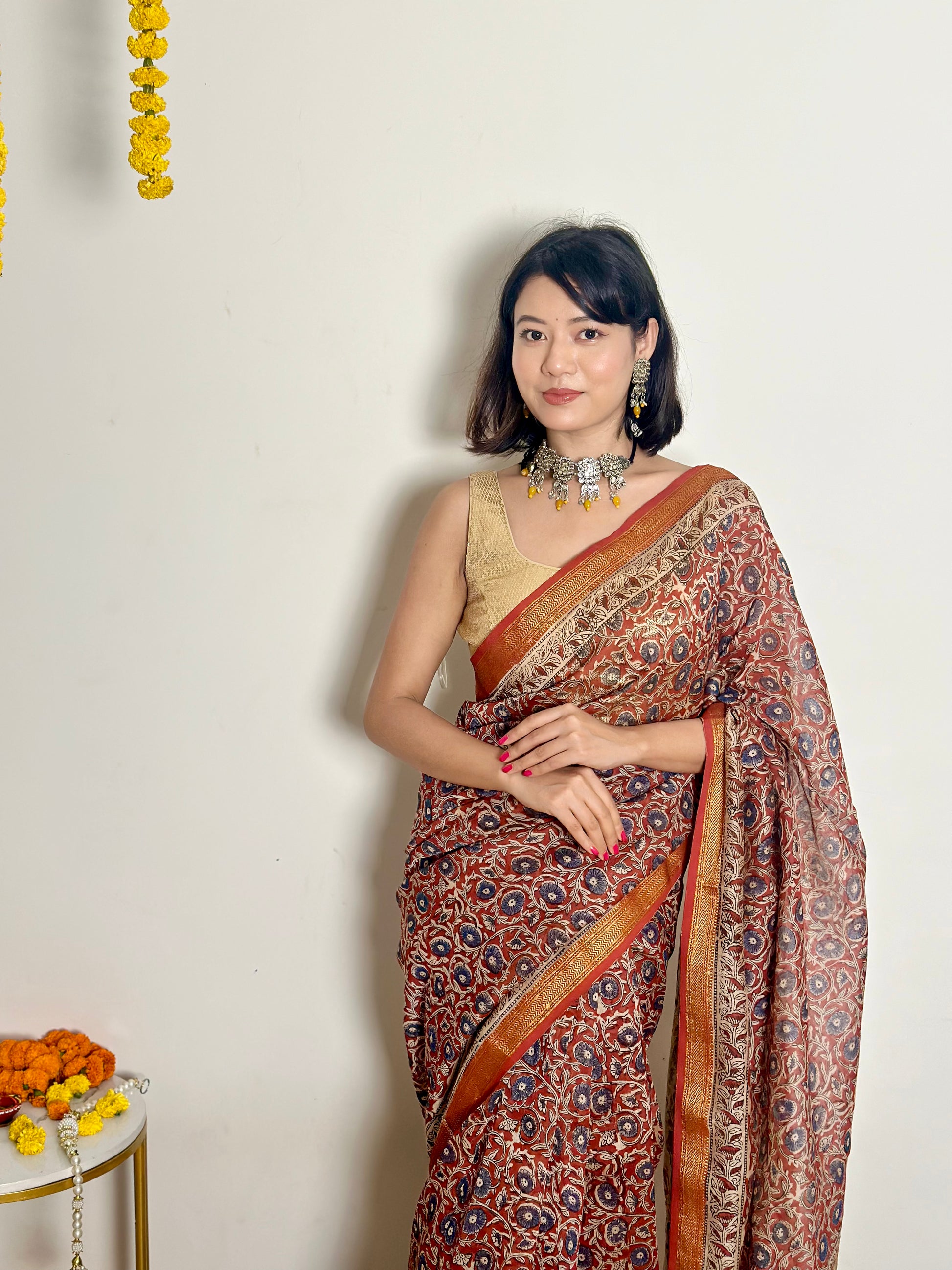 Nutan - Handblock Printed - Maheshwari Silk Saree